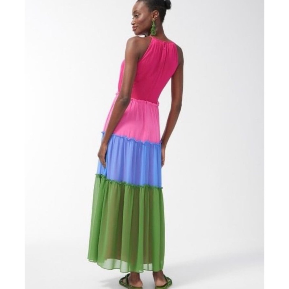 Chico's 1P Maxi Dress Color Block Ruffle Halter Sleeveless Party‎ Dress Petite M - Picture 7 of 16